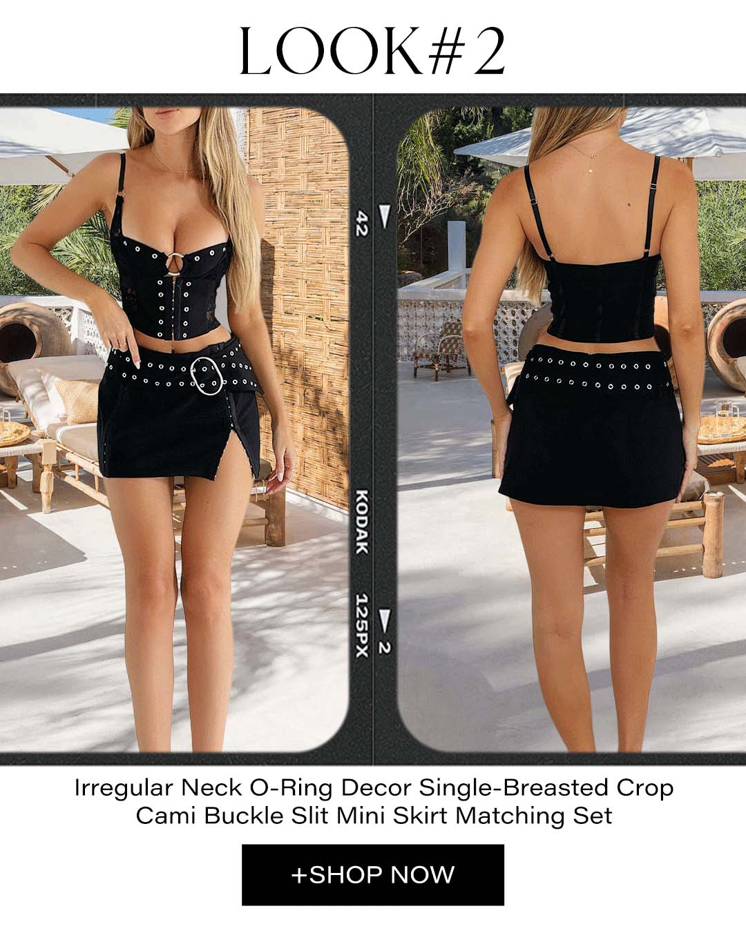 Irregular Neck O-Ring Decor Single-Breasted Crop Cami Buckle Slit Mini Skirt Matching Set-Black