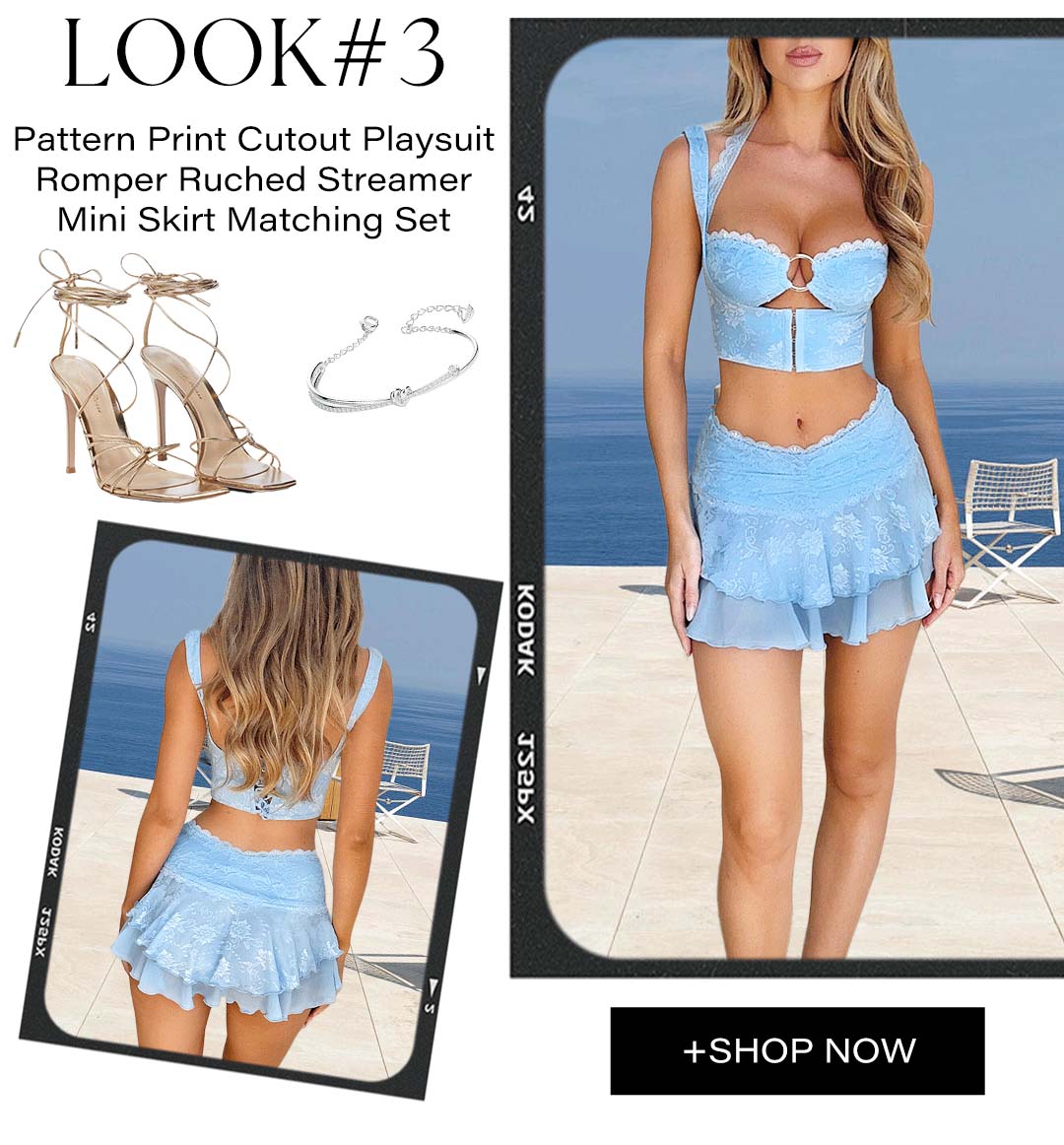 Lace Cutout O-Ring Decor Crop Cami Layered Ruffled Mini Skirt Matching Set-Blue [Pre Order]