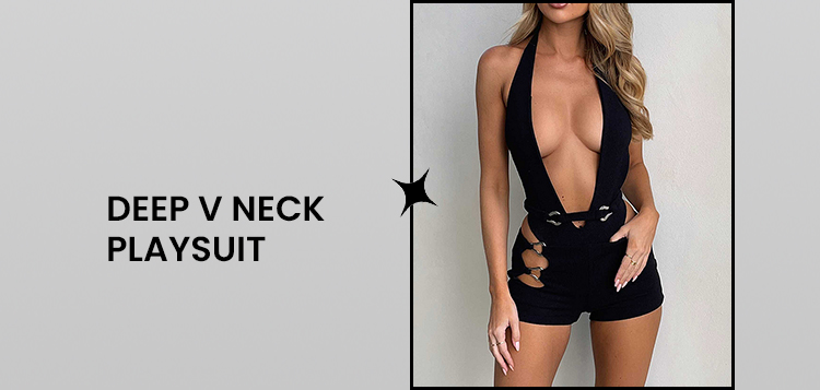 Deep V Neck Halter Cutout Slim Fit Playsuit Romper-Black