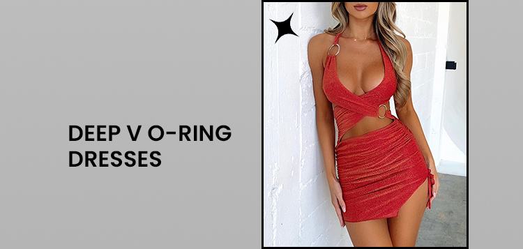 Deep V Neck Halter Cutout Ruched Bodycon Bronzing Mini Dresses-Red