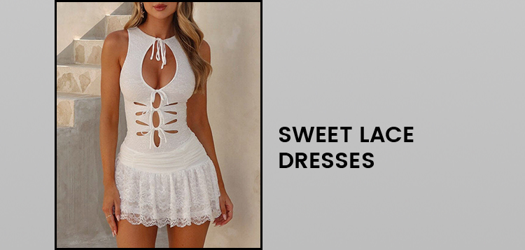 Cutout Tie Up Cinch Waist Ruched Lace Mini Tank Dresses-White